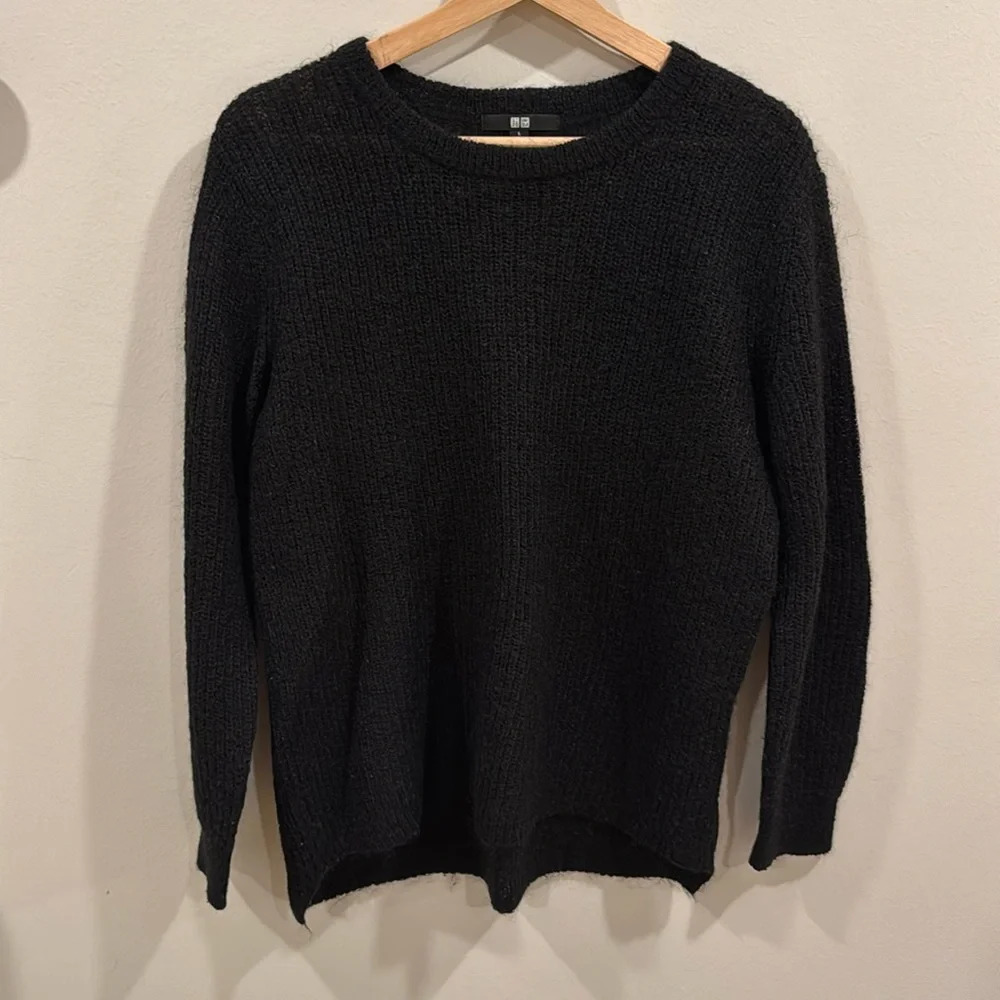 Uniqlo Women’s Wool Blend Crewneck Sweater Black Cosy Knit Pullover Size L